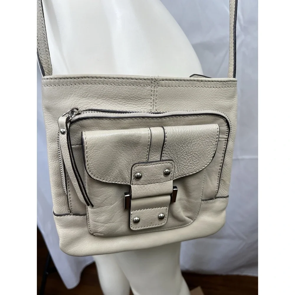 Franco Sarto Ivory Leather Crossbody Zip Closure and Pockets Adjustable Strap